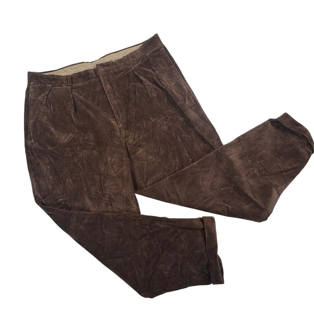 Nautica Mens Brown Corduroy Pleated Pants 42W x 30L Cotton Cuffed Straight Leg
